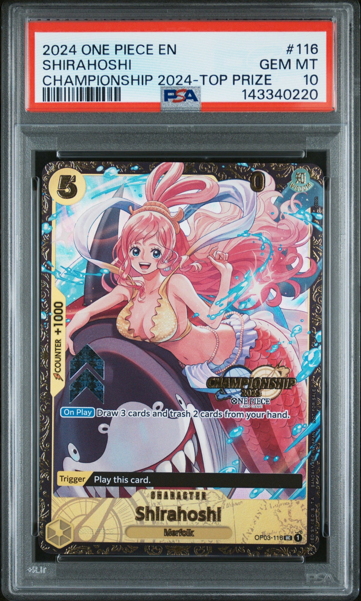 One Piece Shirahoshi Championship 2024 Top Prize PSA 10 englische Karte – Foto 1
